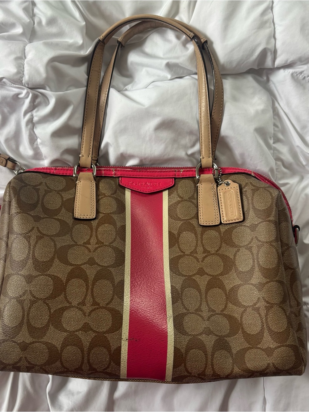 Coach Signature Canvas Satchel in Brown with Pink Stripe